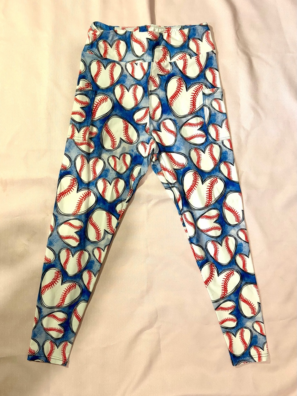 Baseball Heart Print Leggings - Blue & White
